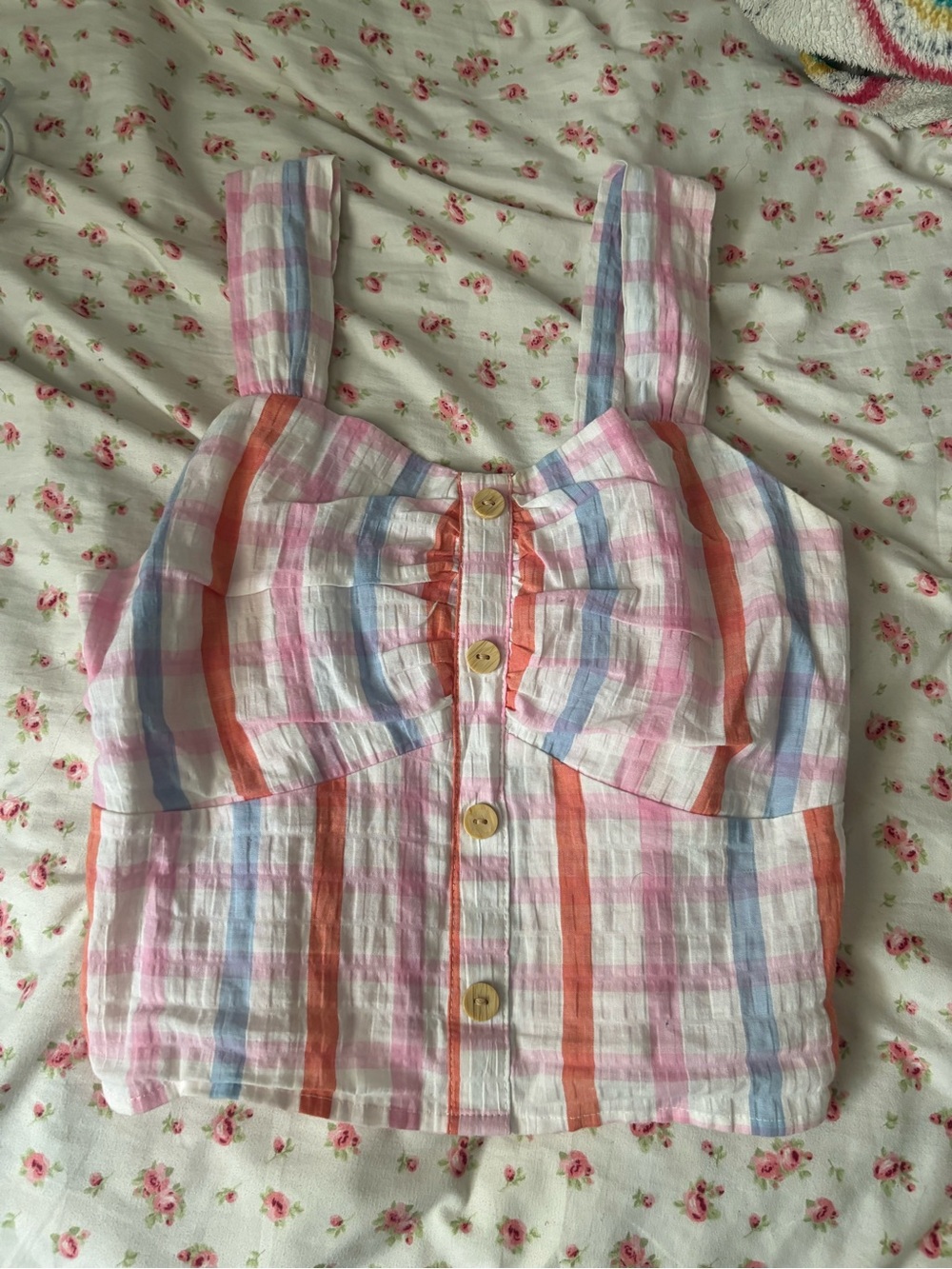 Striped Pink Multicolor Button-Front Crop Cami